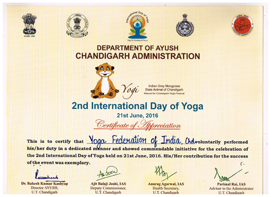 Certificate of Appreciation by Dept. of Ayush, Chandigarh Administration